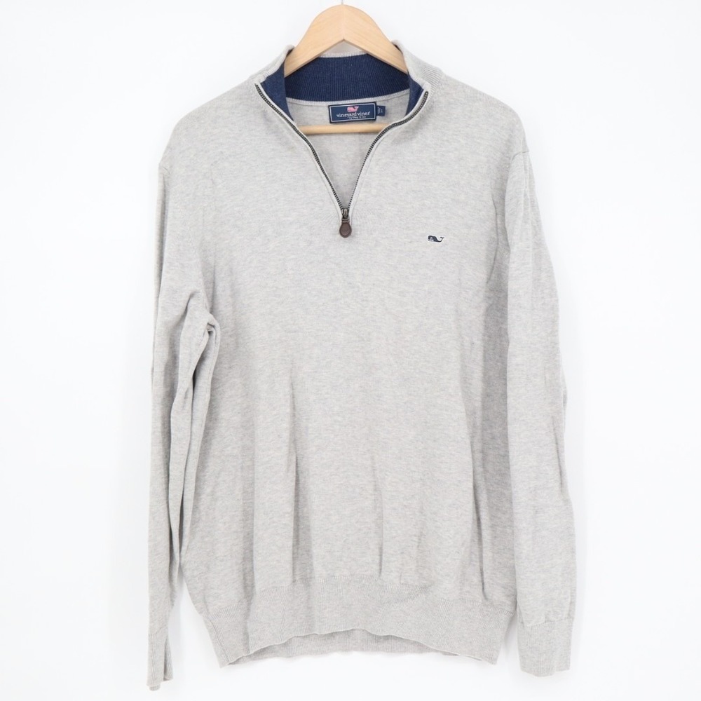 Vineyard Vines Sweater Mens Large Gray Quarter-Zip Mock Neck Long Sleeve Ribbed - Picture 2 of 6